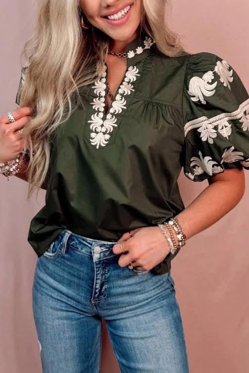 Olive Embroidered Blouse (Preorder)
