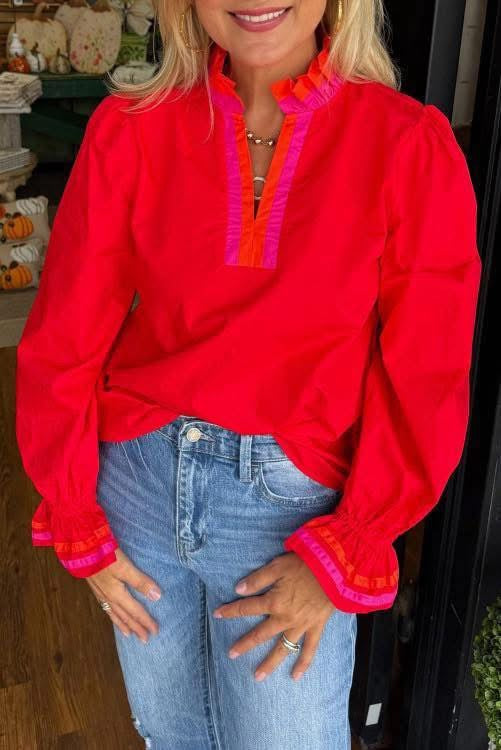 Red Ruffle Pink Contrast Blouse  (Preorder)