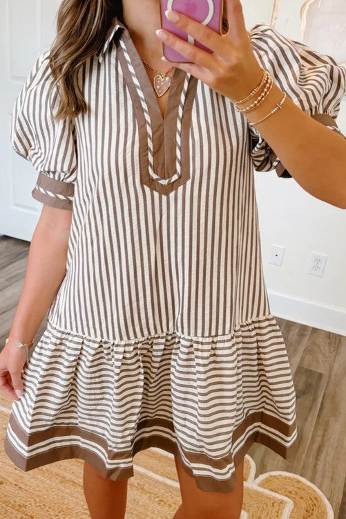 Mocha Striped Puff Sleeve Dress (Preorder)
