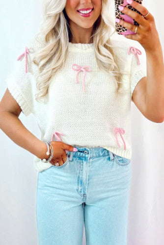 Pink Bow Short Sleeve Sweater (Preorder)
