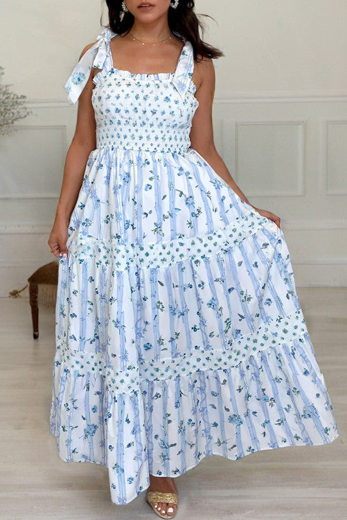 Blue Tie Strap Floral Maxi Dress (Preorder)