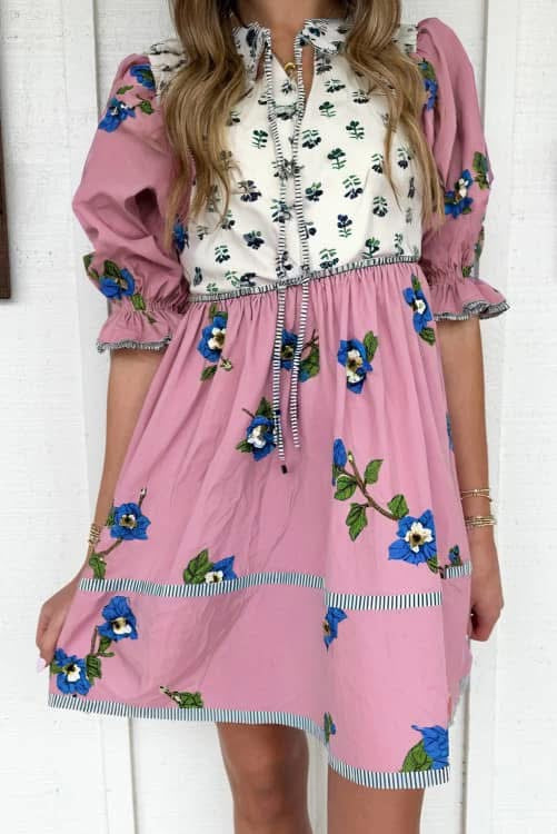 Pink Floral Puff Sleeve Dress (Preorder)