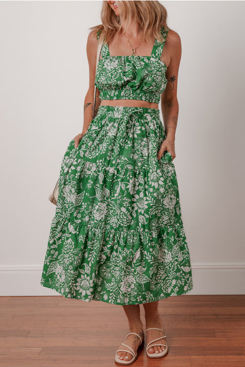 Green Floral Two Piece Skirt Set (Preorder)