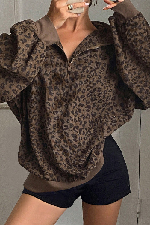 Leopard Half Zip Sweatshirt  (preorder)