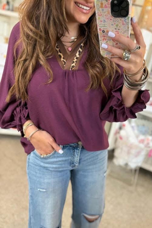 Plum Leopard Trim  Top (Preorder)
