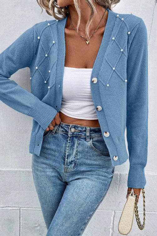 Pearl Detail Blue Cardigan (Preorder)