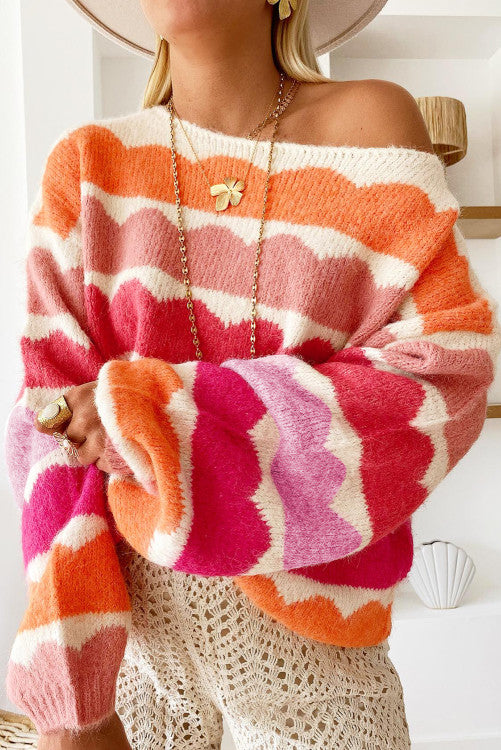 Ballon Sleeve Drop Shoulder Striped Sweater (Preorder)