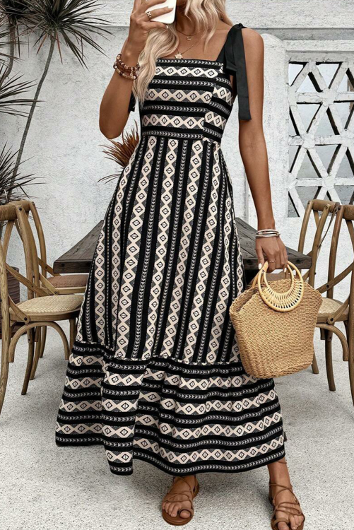 Black and Cream Printed Maxi Dress (Preorder)