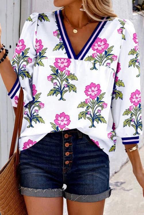 Pink Floral Contrast Trim Top (Preorder)