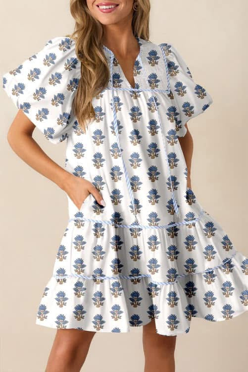 Printed Puff Sleeve Floral Dress (Preorder)