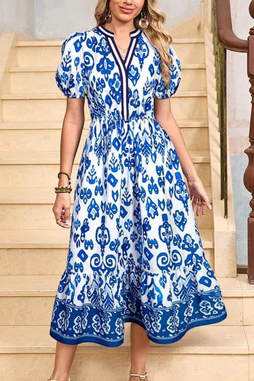 Blue Printed Puff Sleeve Dress (Preorder)