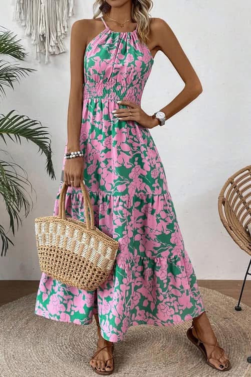 Floral Pink and Green Maxi Dress (Preorder)