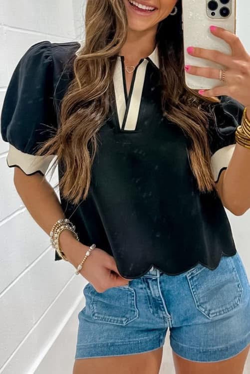 Black and Cream Scalloped Hem Top (Preorder)