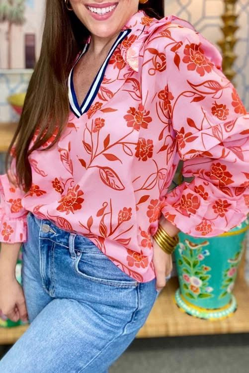 Pink Floral Contrast Trim Top (Preorder)