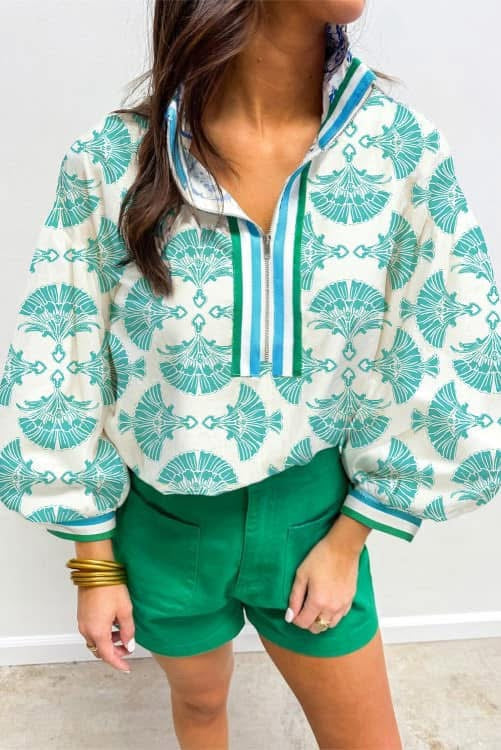 Green Printed Contrast Trim Top (Preorder)