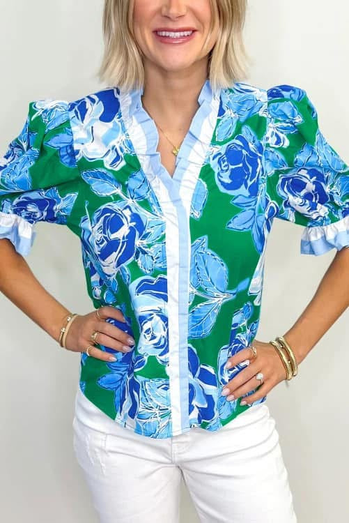 Green and Blue Floral Top (Preorder)