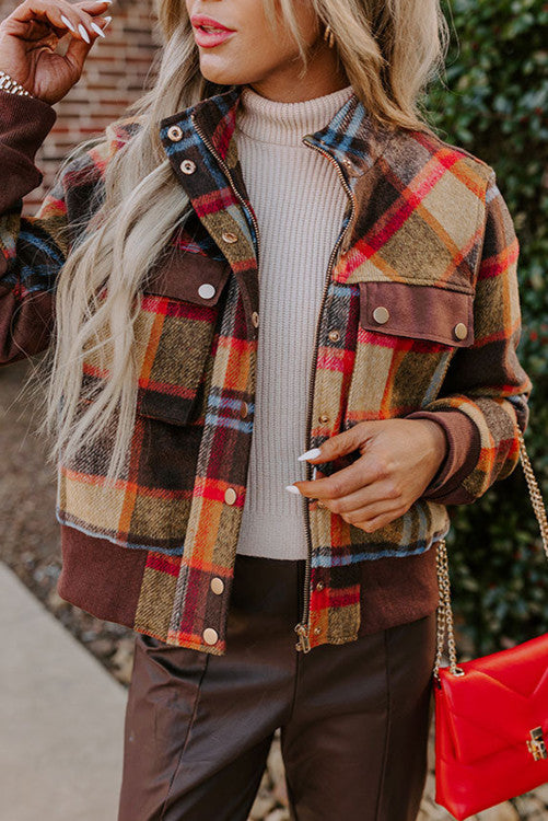 Plaid Flap Pocket Zip Up Jacket (Preorder)