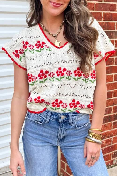 Red and Cream Floral Sleeveless Sweater (Preorder)