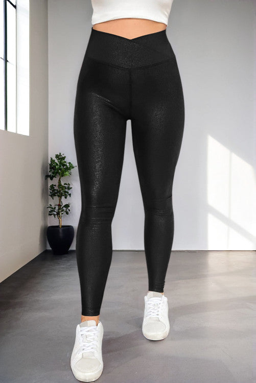 Black Crossed Dip Waist Sleek Leather Leggings (Preorder)