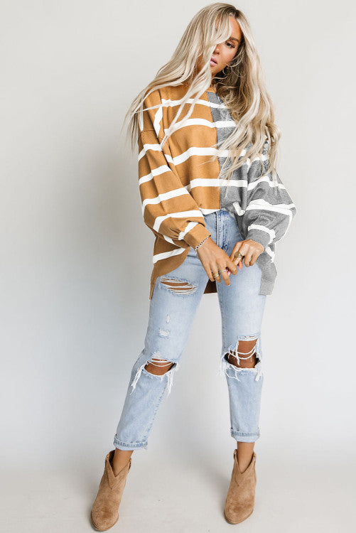 Mustard/Gray Oversized Contrast Printed Dropped Shoulder Top (Preorder)