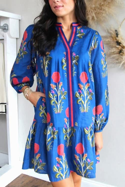 Blue Long Sleeve Printed Floral Dress (Preorder)
