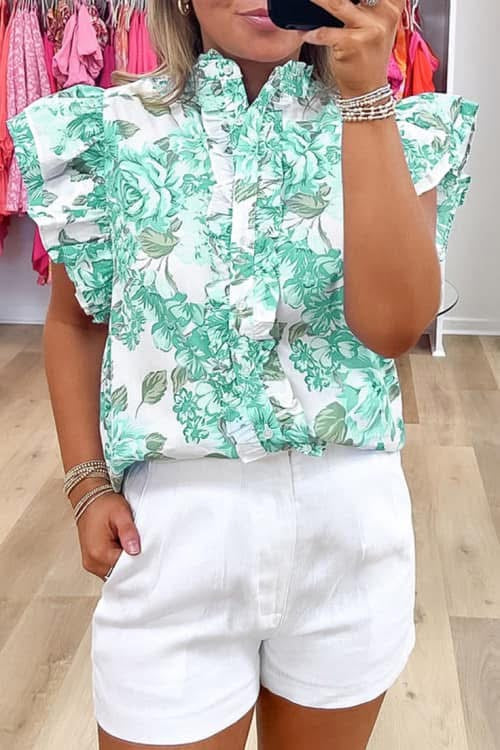 Green Floral Flutter Sleeve Blouse (Preorder)