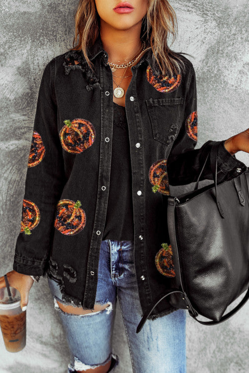 Sequin Pumpkin Denim Jacket (Preorder)