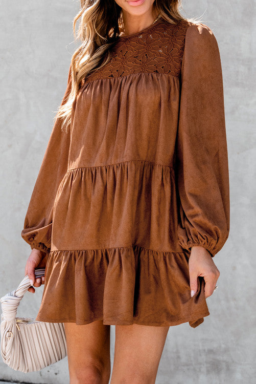 Floral Yoke Brown Dress (Preorder)