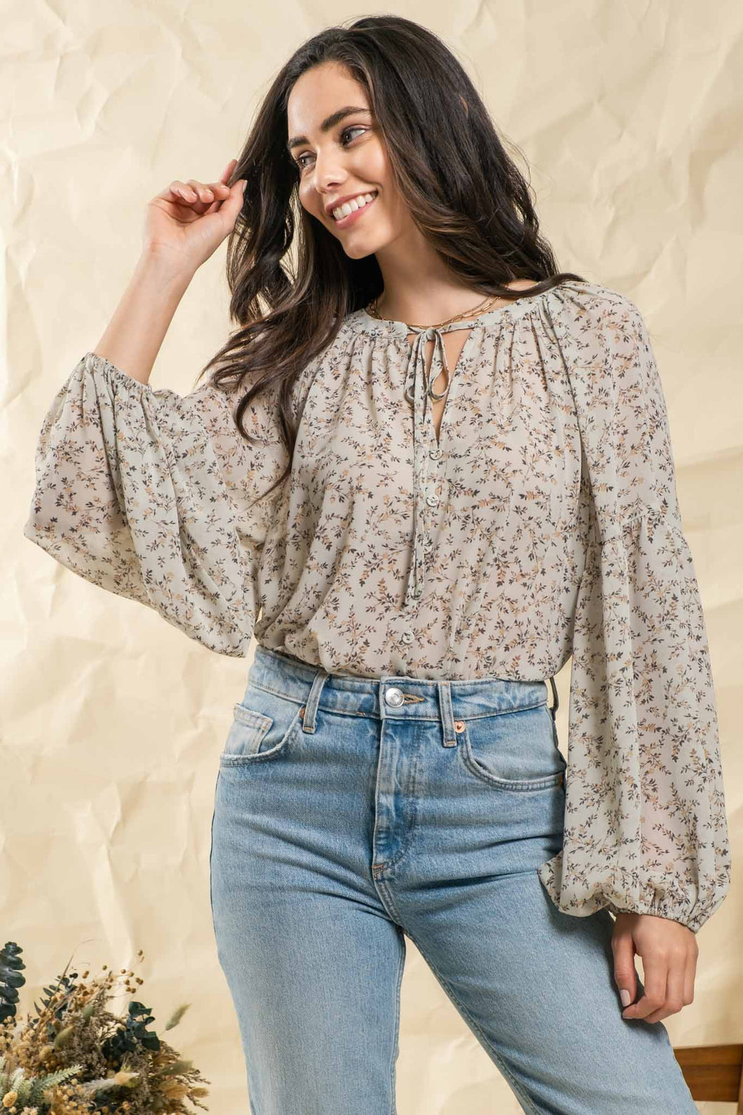 Sage Floral Boho Tie Neck Blouse