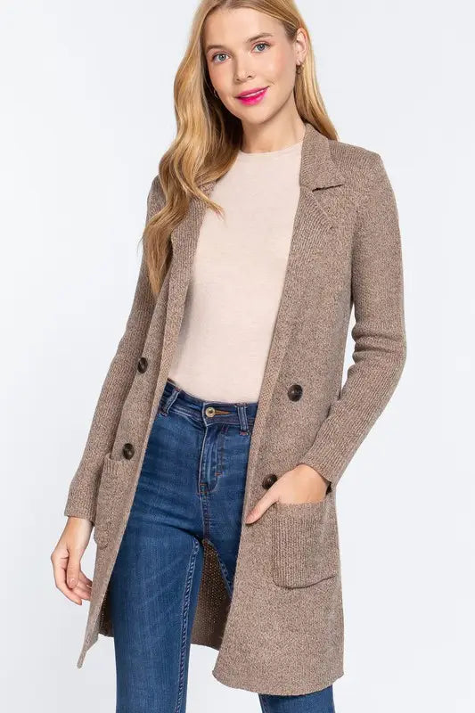 Notched Collar Front Button and Pocket Sweater Jacket