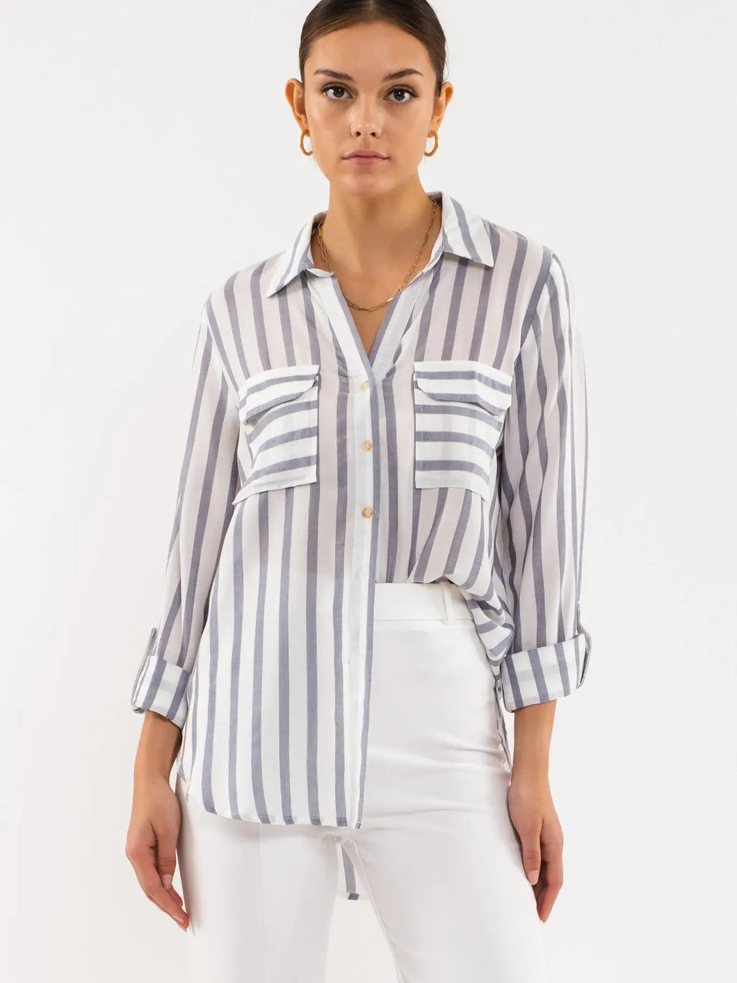 Double Pocket Striped Button Down