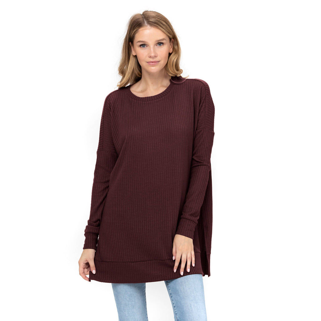 Waffle Knit  Round Neck Solid Color Pullover