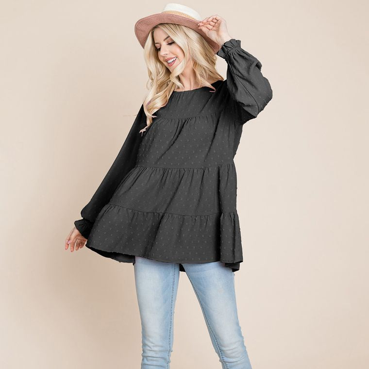 Long Sleeve Swiss Dot Tiered Blouse