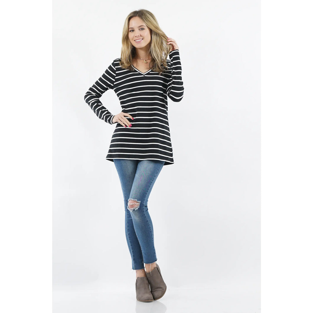 Long Sleeve V-Neck Striped Tee