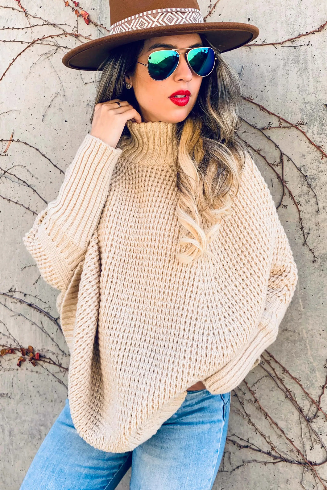 Oatmeal Dolman Sleeve Turtleneck Knitted Poncho Top