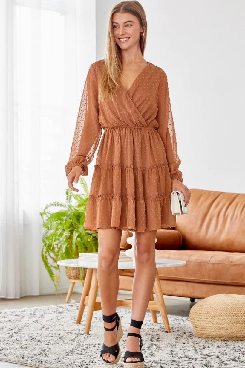 Swiss Dot Tiered Dress (Rust)