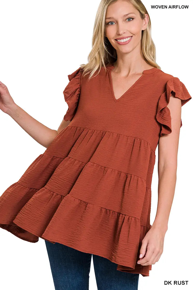 Woven Ruffled Sleeve Tiered Top