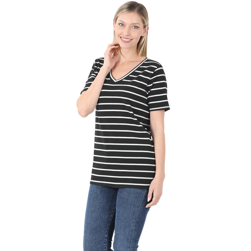 Striped Short Sleeve V-Neck Basic Tee