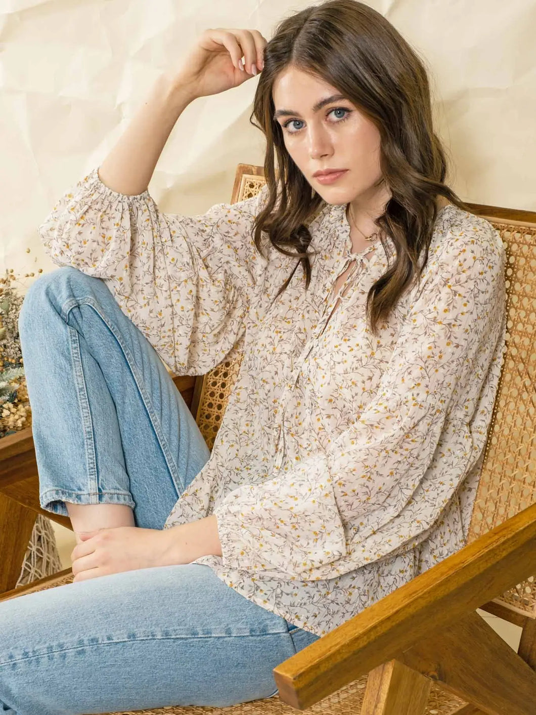 Floral Boho Tie Neck Blouse