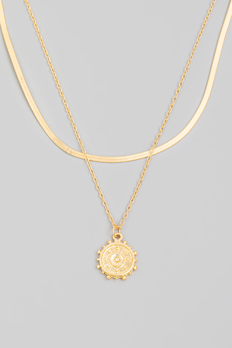 Double Chain Layered Coin Pendant Necklace